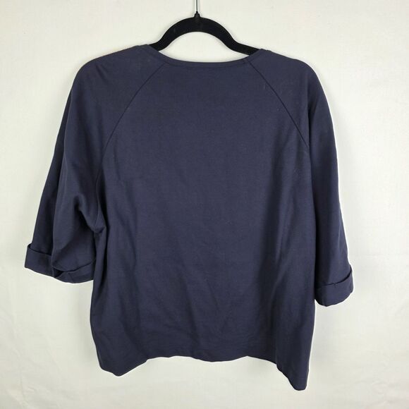 Leo & Ugo Metallic Shoulder Striped Cuffed Sleeve Navy Blue Top Size 10 Nautical - Picture 2 of 6